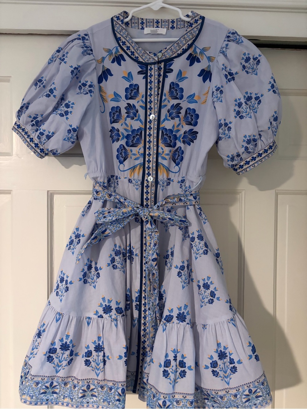 Girls Light Blue Floral Button-Front Dress with Belt